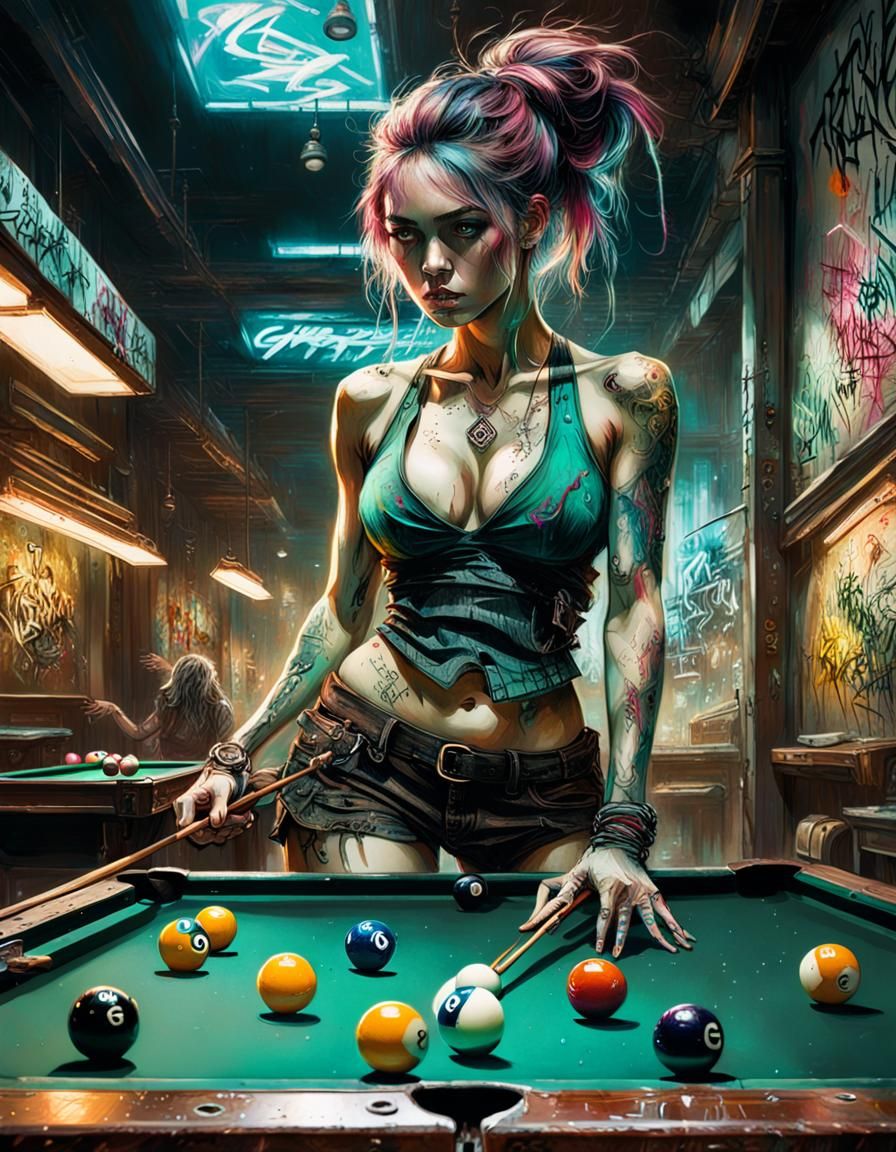 Cyberpunk Graffiti Girl Playing Billiards in Dimly Lit Room