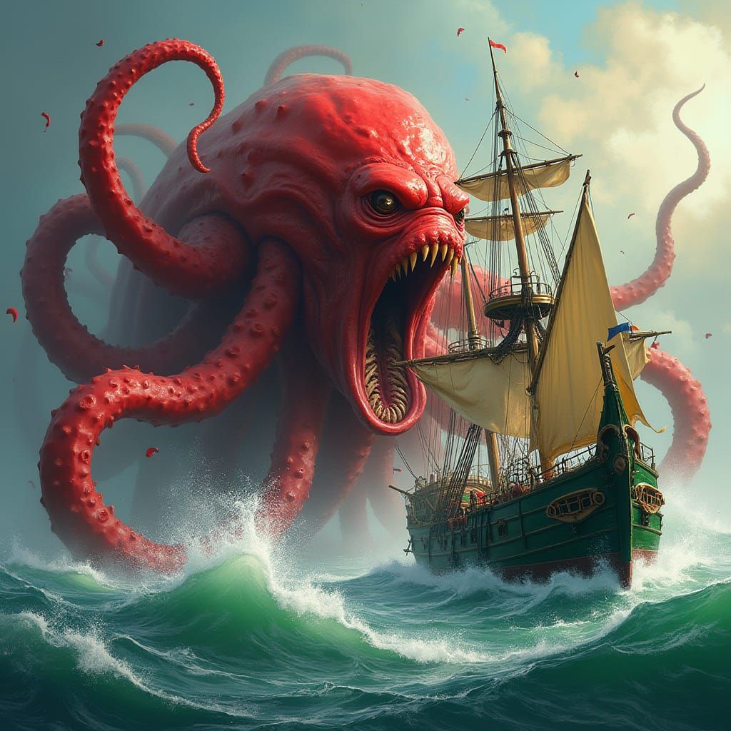 Red Kraken Attacks Green Ship in Dark Fantasy Style