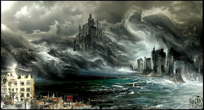 Stormy Coastal City in Dark Fantasy Style
