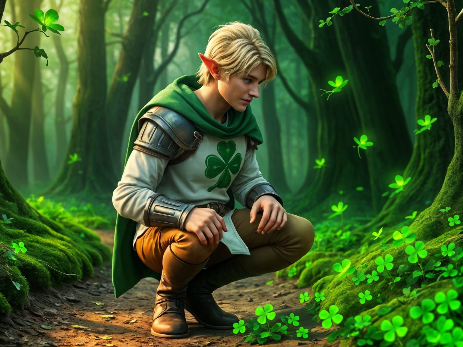 Elvish Celtic Guardian Staring Down At the Clovers Searching...