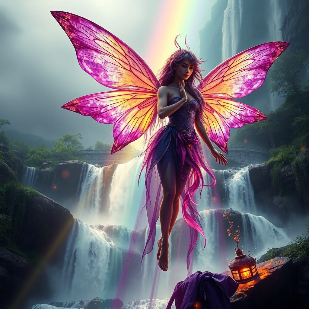 Ethereal Fairy Amidst Vibrant Rainbow and Waterfalls