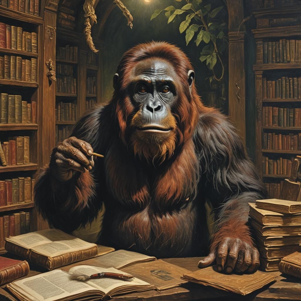 Orangutan in Infinite Library: Pulp Magazine Oil Painting