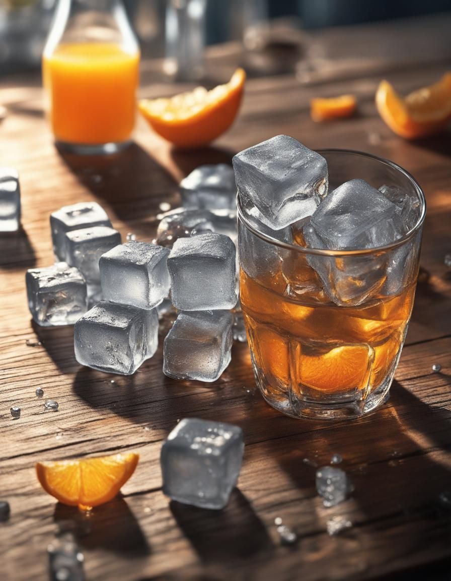 Stunning Hyper-Realistic Still Life of Ice Cubes and Orange...