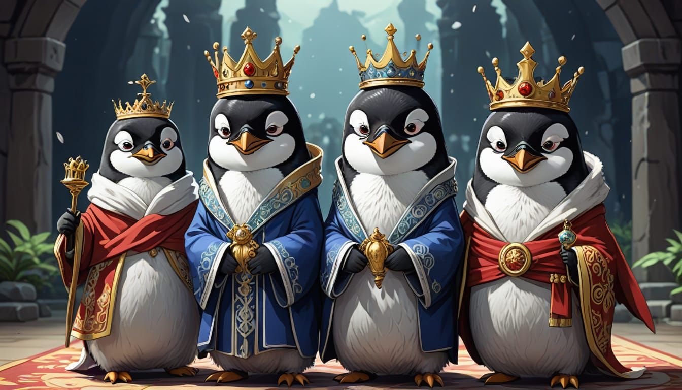 Royal Penguin Court in Vibrant Cartoon Style