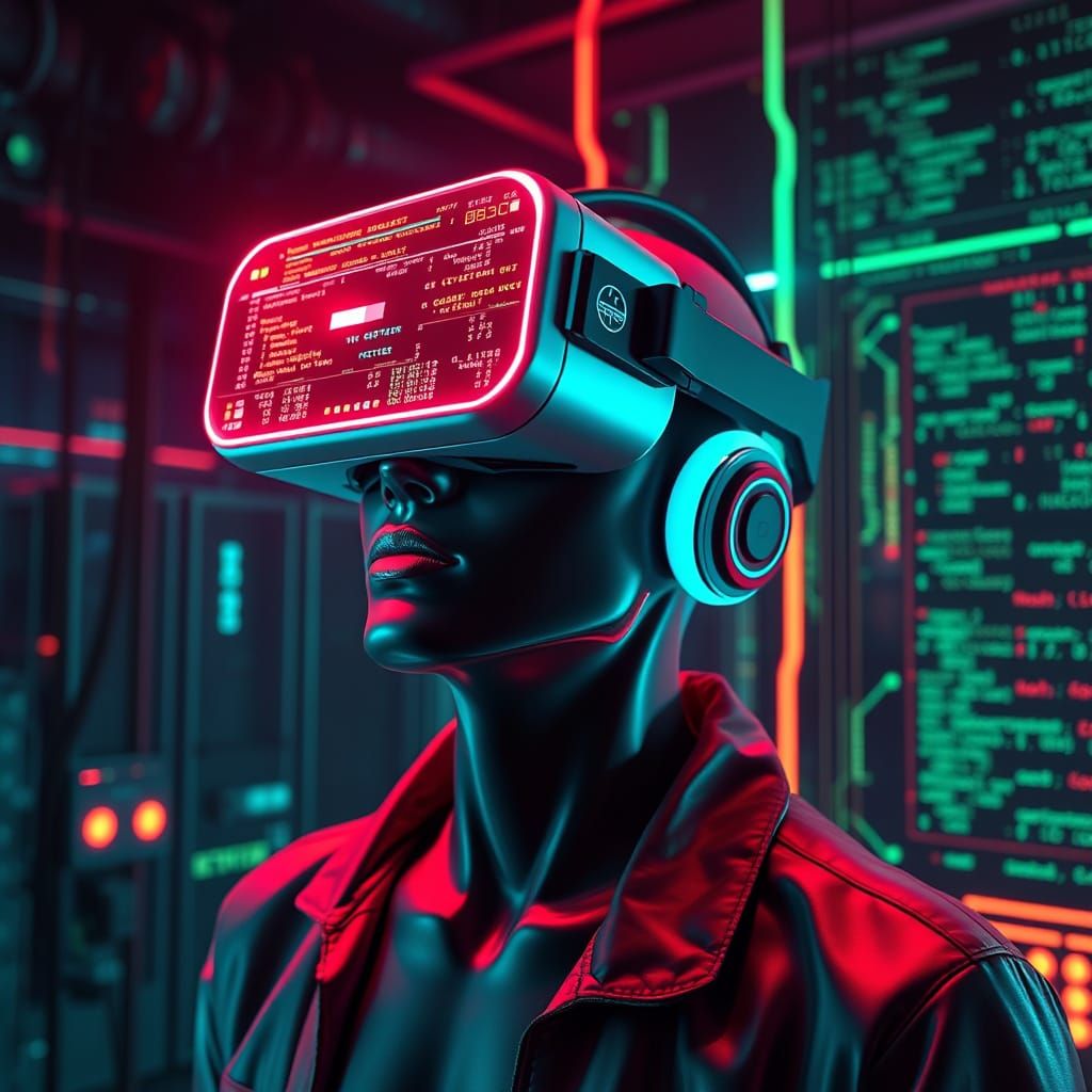 Hypnotized Figure in Neon-Lit Cyberpunk Dystopia