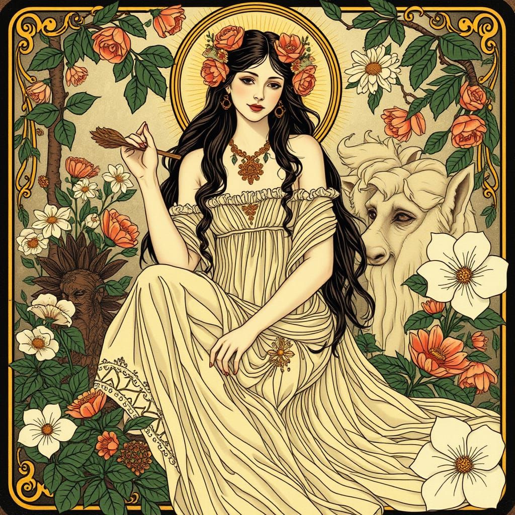 Ethereal Art Nouveau Goddess Amidst Blooming Florals