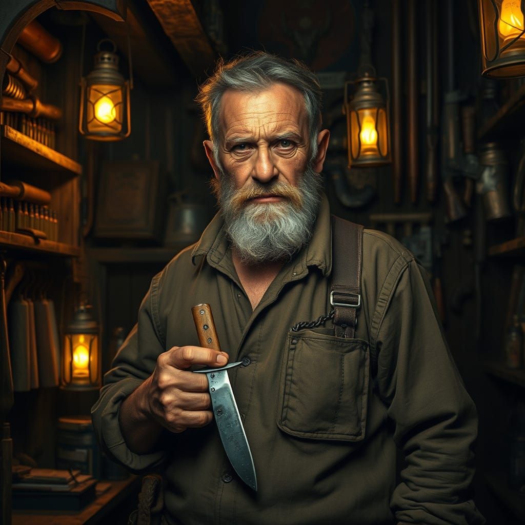 Grizzled Shopkeeper in a Dimly Lit Tool Store, Clad in Earth...