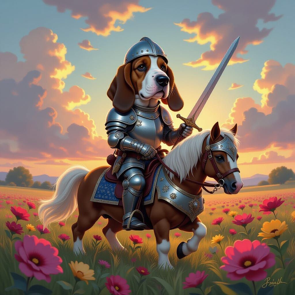 Basset Hound Knight Rides Armored Pony Through Flower Battle...
