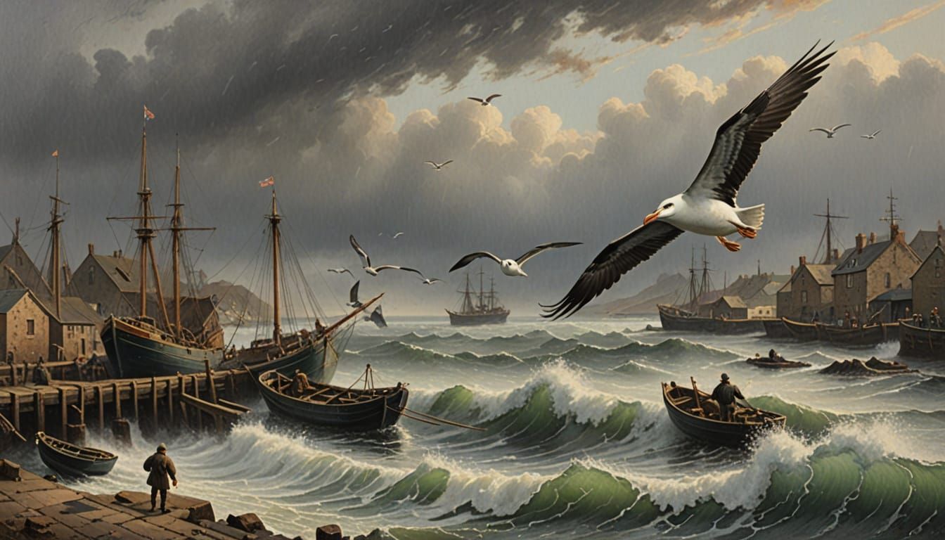 Albatross Takes Flight Over Scottish Fishing Port