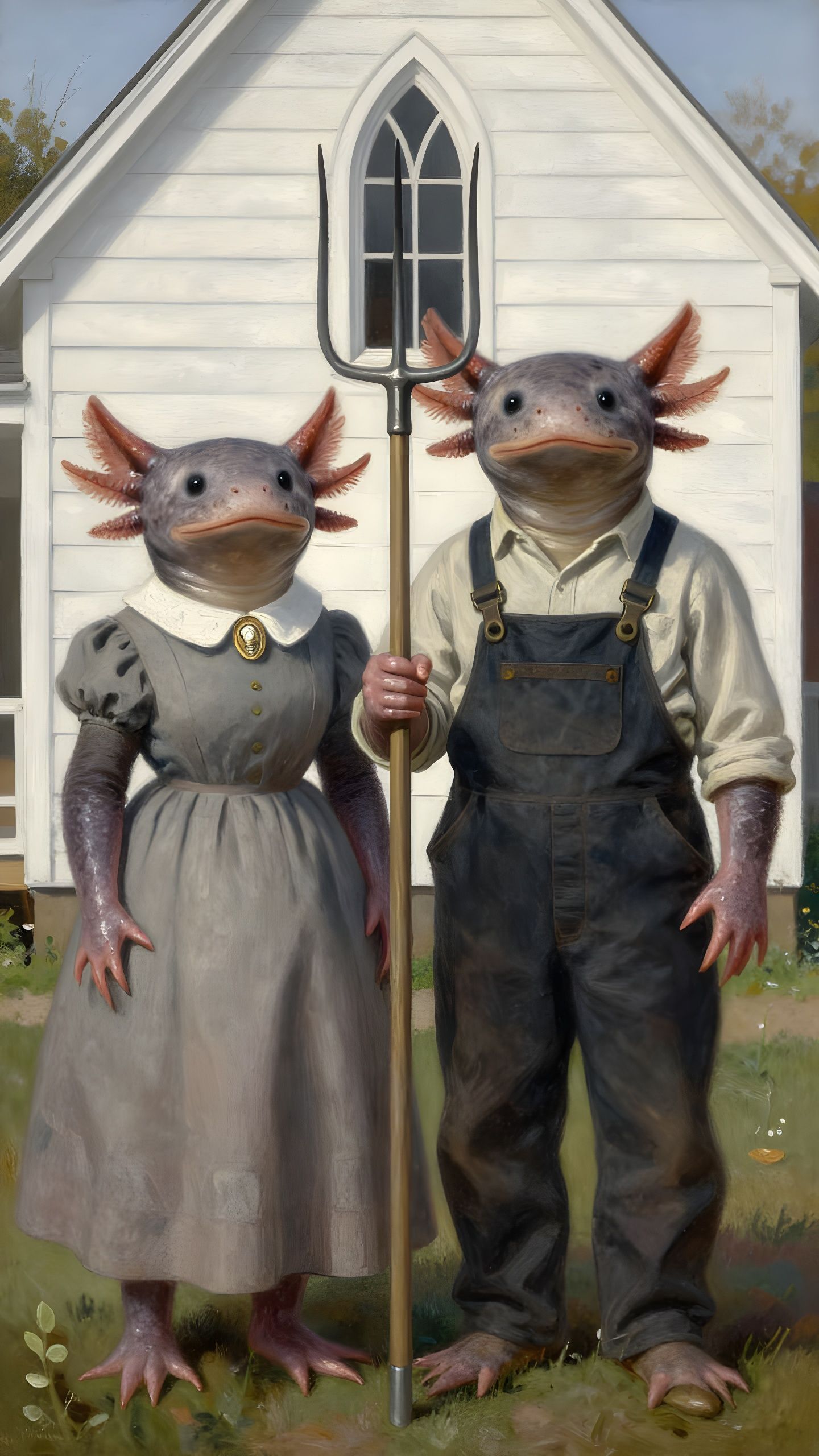 Axolotl Couple in Regionalist Oil Painting Style