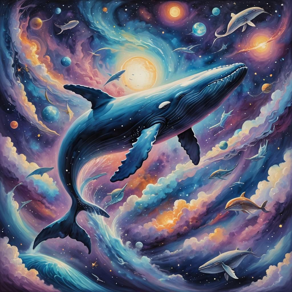 Flying Whale with Planet in Cosmic Surrealism Style