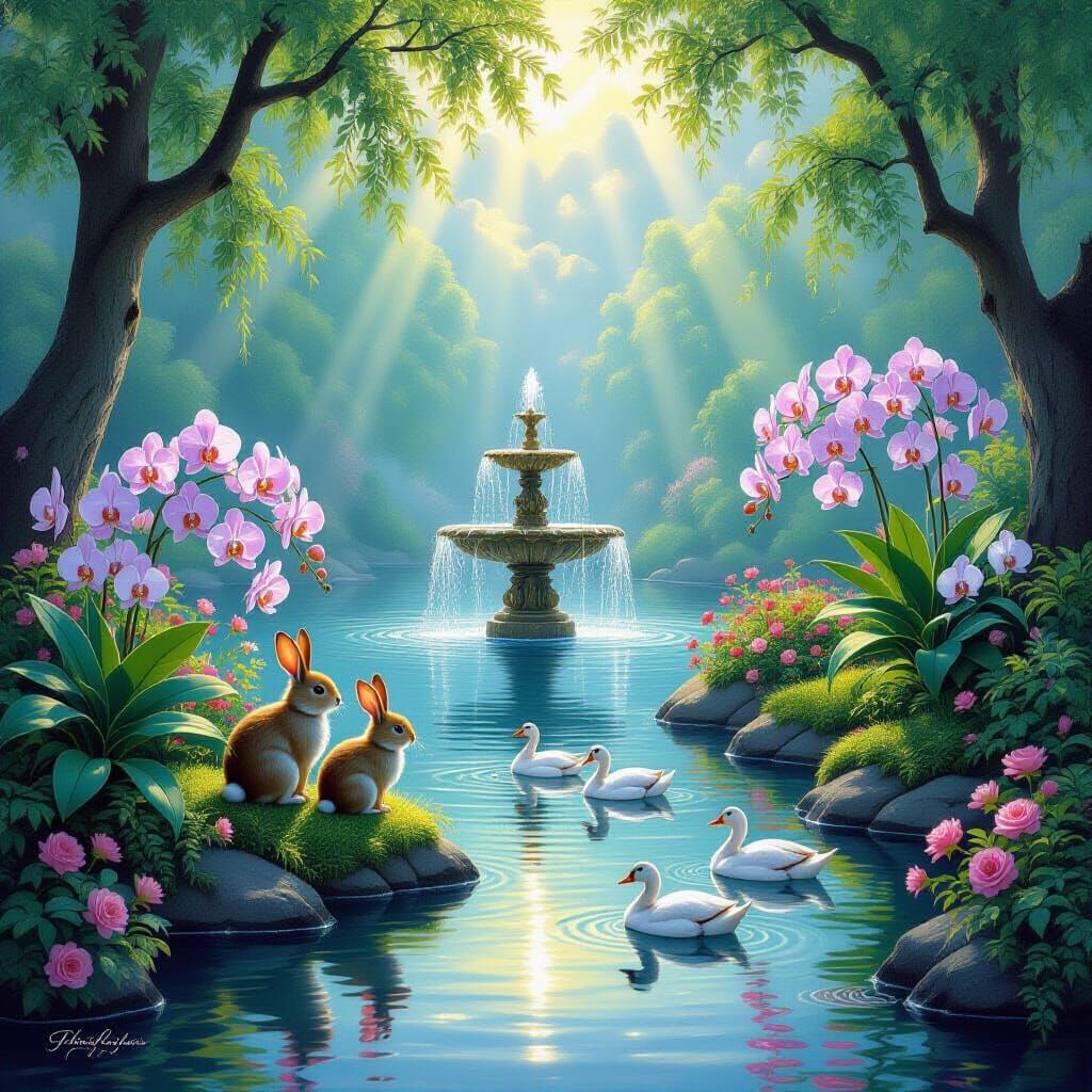 Ethereal Garden Scene With Orchids, Fountain, Rabbits and Ge...
