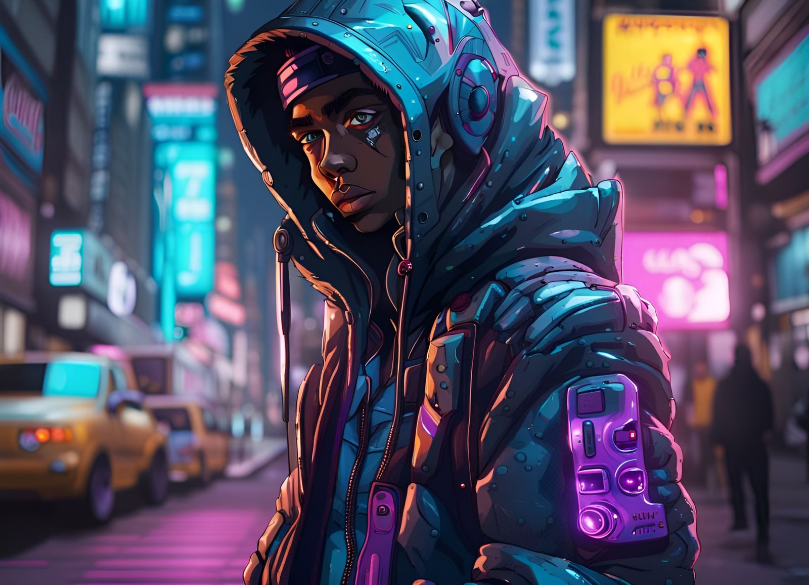 Anime Hip-Hop Character in Cyberpunk Street Scene