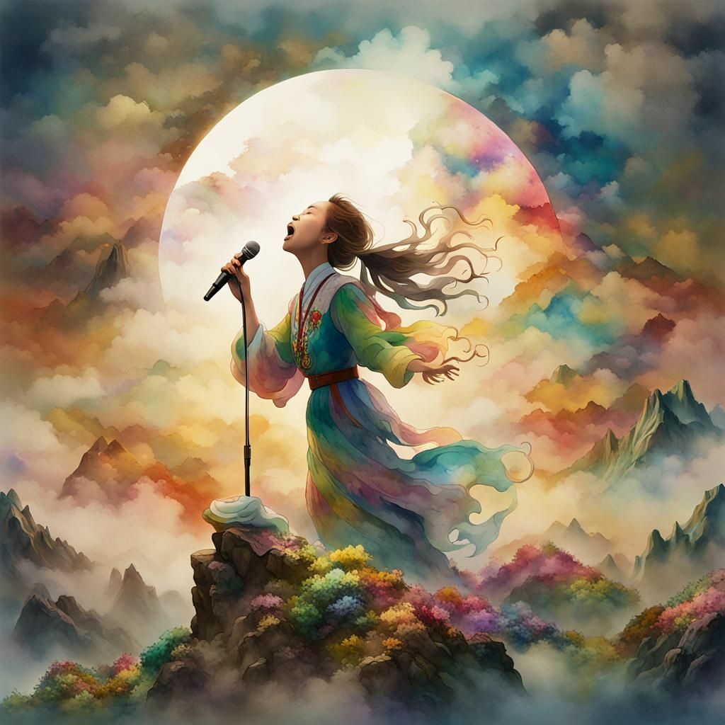Ethereal Woman Singer on Misty Mountain in Watercolor