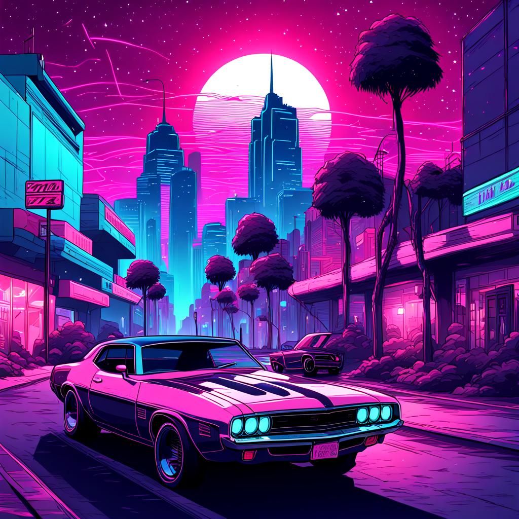 Synthwave Cityscape with Muscle Cars at Night