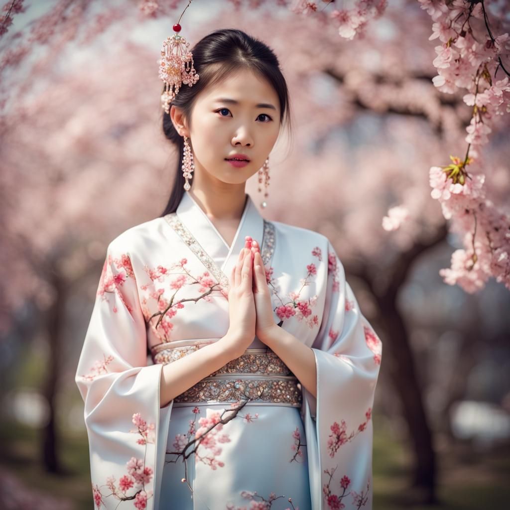 Chinese Girl in Traditional Dress with Cherry Blossoms
