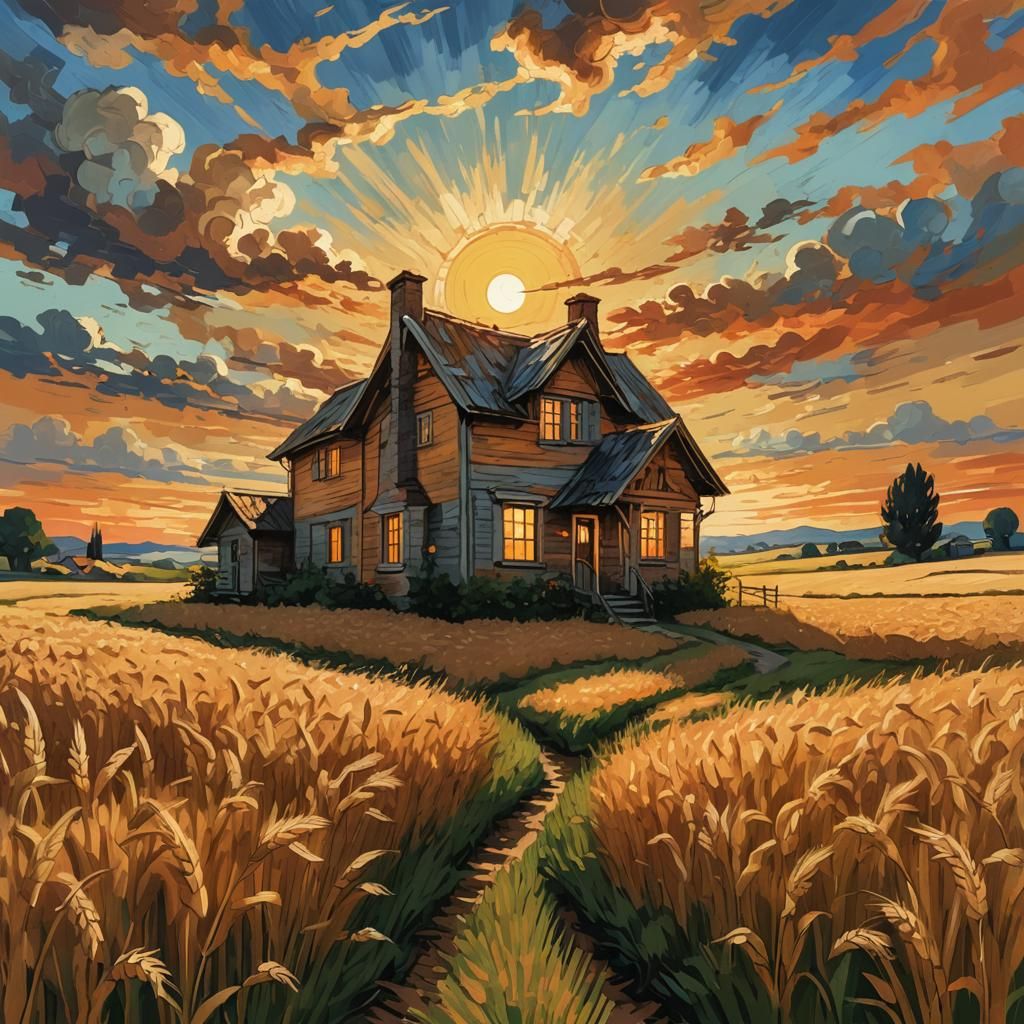 Rustic House in Wheat Field: A Van Gogh-Inspired Digital Pai...
