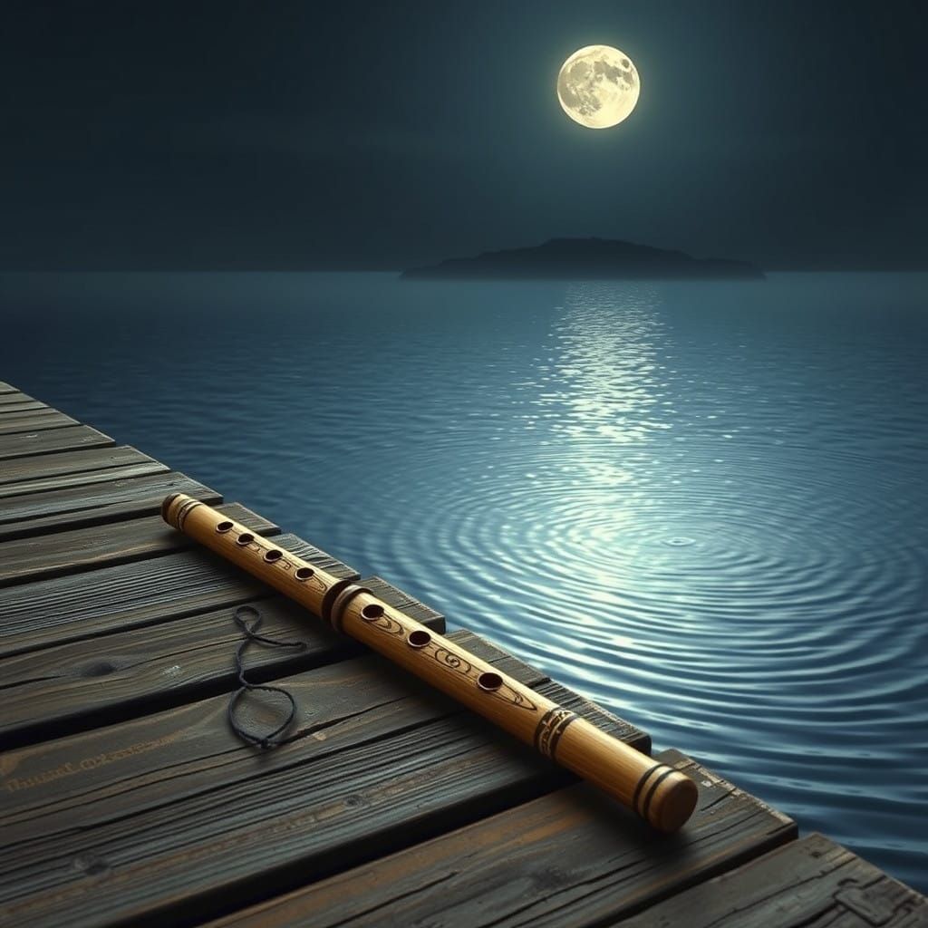 Intricately Carved Reed Flute on a Moonlit Lake