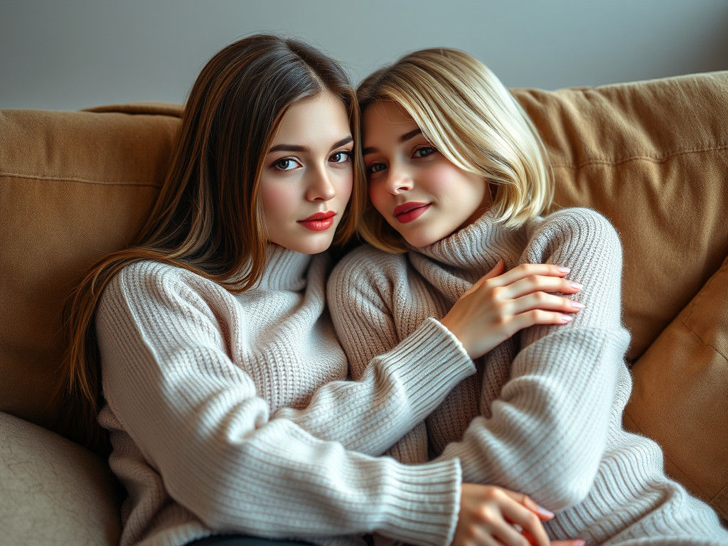 Cozy Embrace: Two Women in a Dreamy Living Room