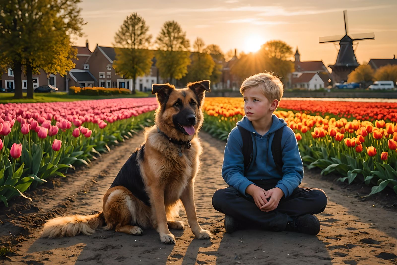 Boy and Dog Watch Sunset Over Tulip Fields