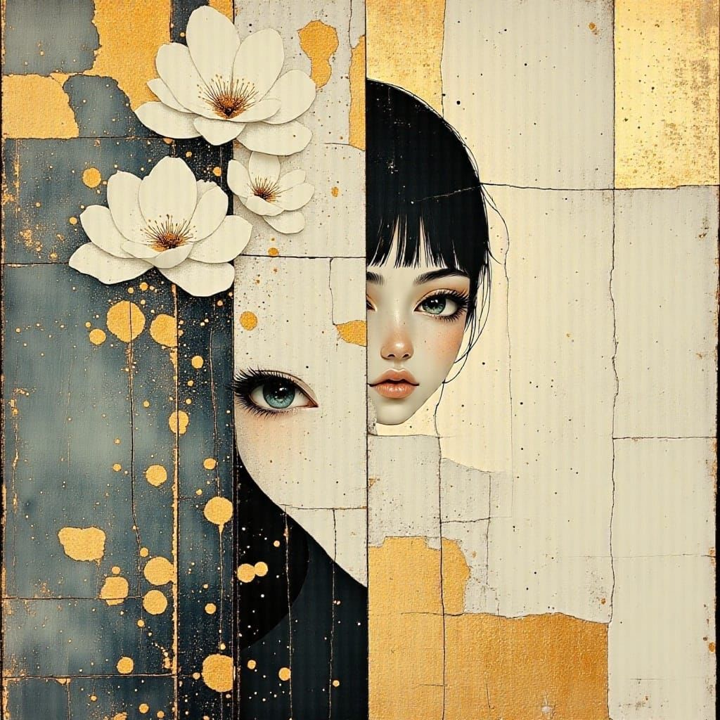 Wildflower Bouquet with Impasto Texture and Gold Accents