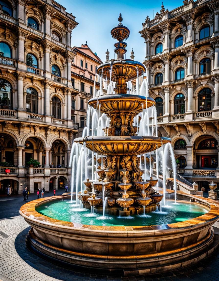 Renaissance Fountain in Crowded Square, Retrofuturistic Phot...