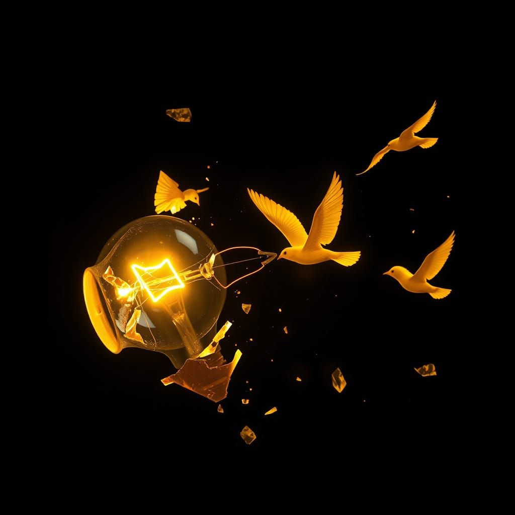 Surreal Hyperrealistic Scene with Shattered Light Bulb and F...