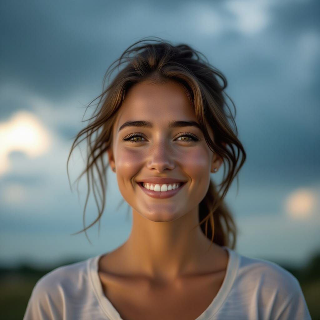 Woman Smiling in Stormy Weather, Cinematic Film Style