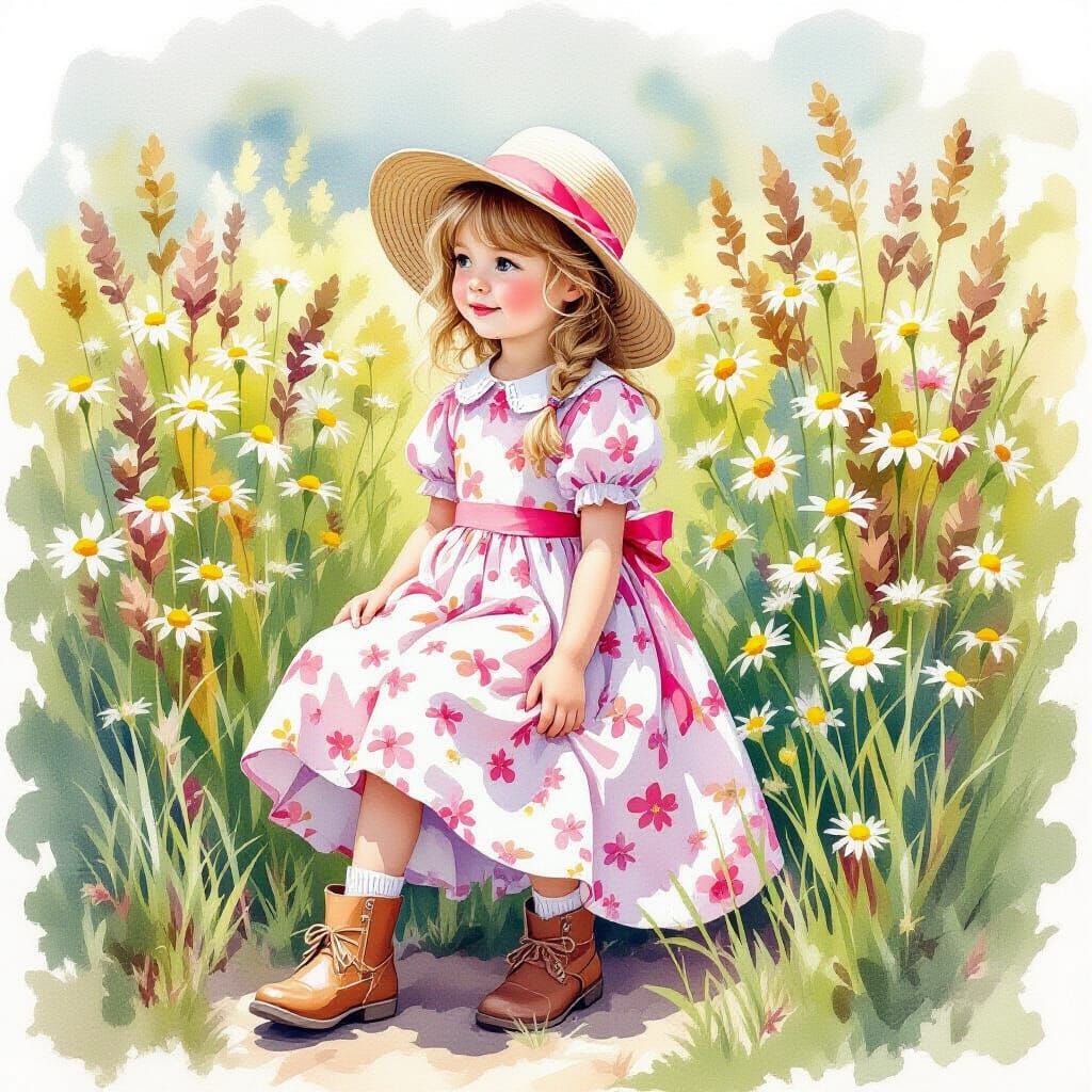 Frog in Pink Dress and Boots with Daisies, Wet Watercolor St...