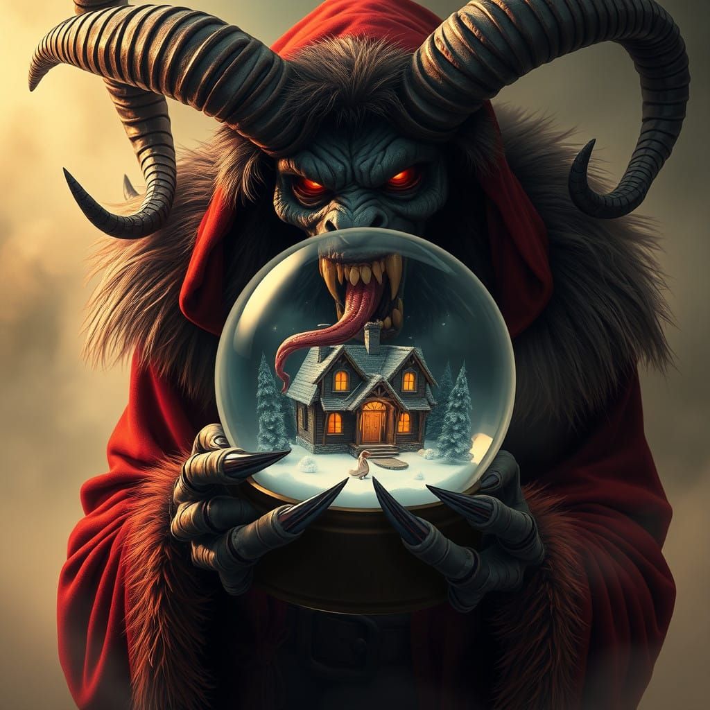 Krampus in Dark Red Cloak with Furry Hood and Razor-Sharp Fi...