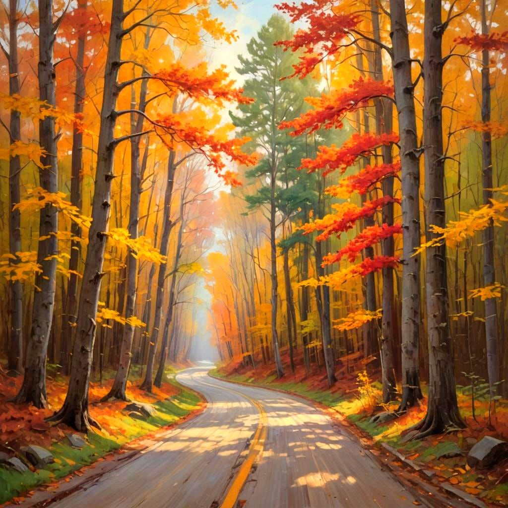 Autumn Forest Road in Oil Painting Style