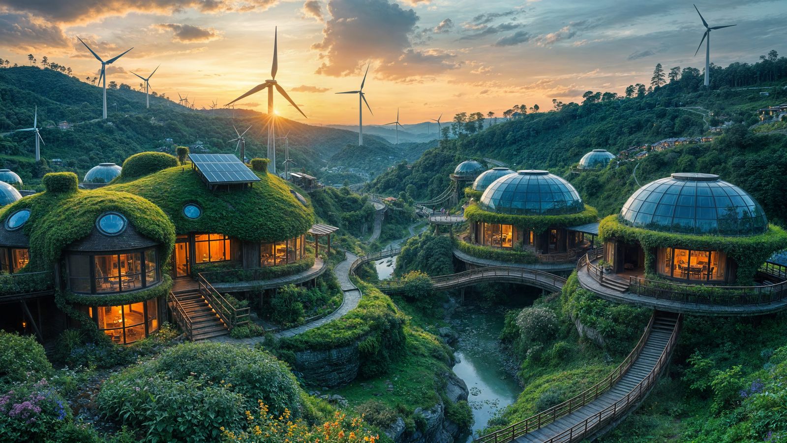Solarpunk Neighborhood Nestled in Harmony with Nature