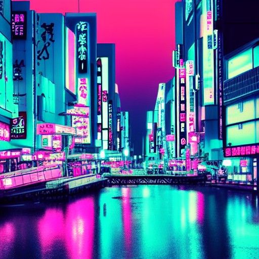 Neon Retro Japan Cityscape in Synthwave Style