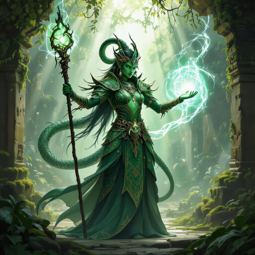 Yuan-ti Pureblood Casting Chronurgy Magic in Ancient Temple