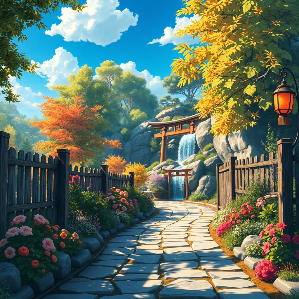 Vibrant Digital Garden Scene in Anime Style