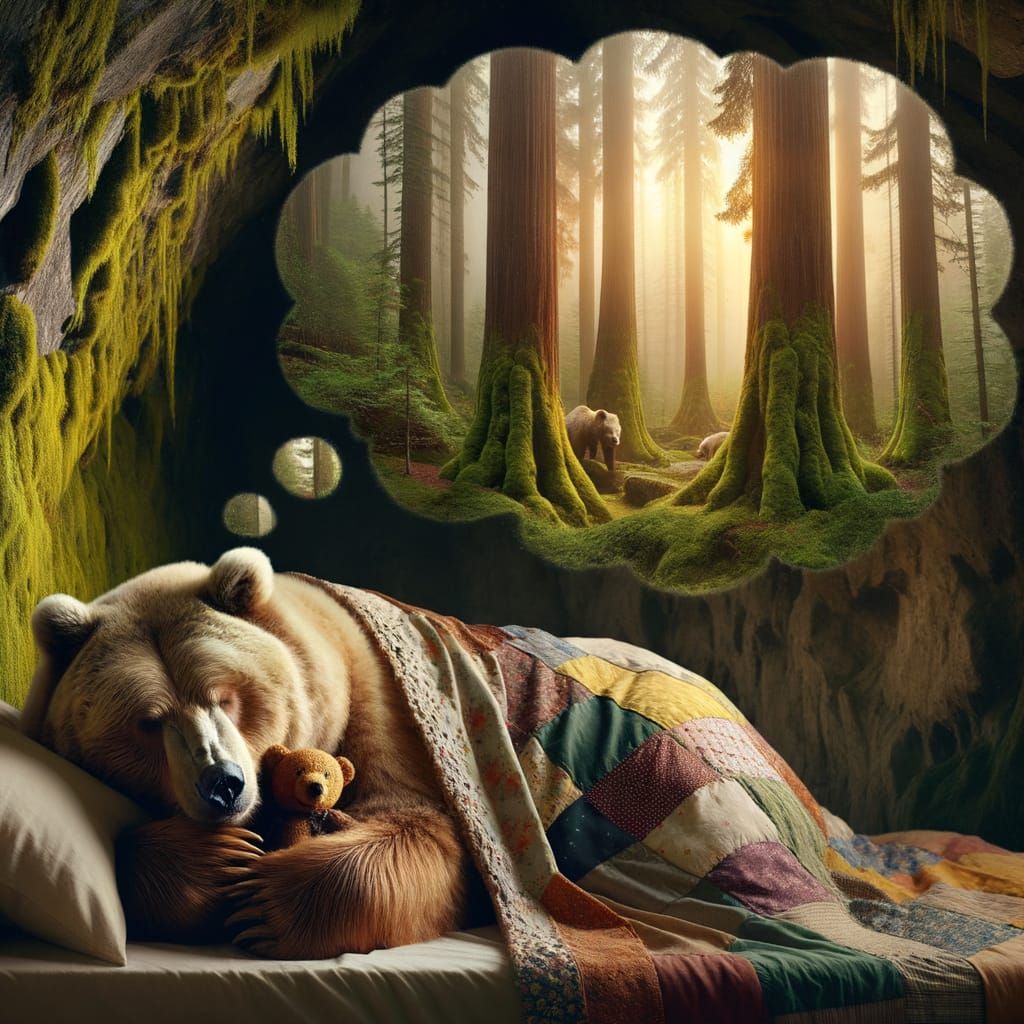 Bear's Dreamy Cave Sanctuary Meets Vibrant Forest Realm