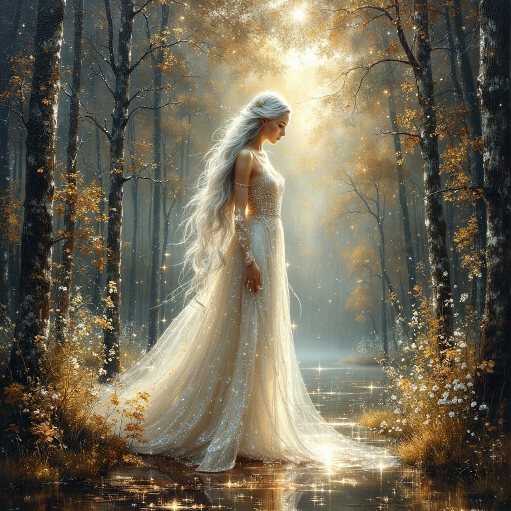 Elven Queen in Enchanted Forest: Oil on Canvas