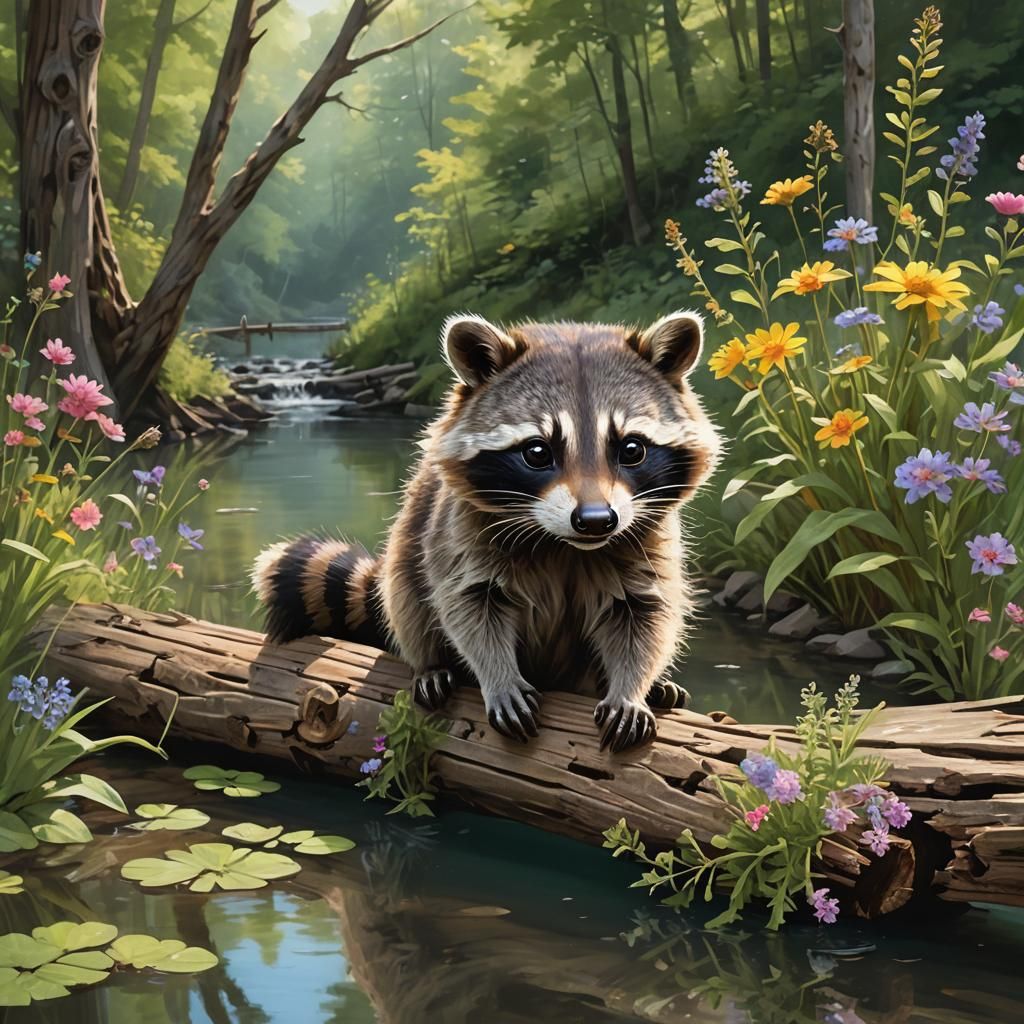 Raccoon with Wildflowers on Log Bridge in Splash Art