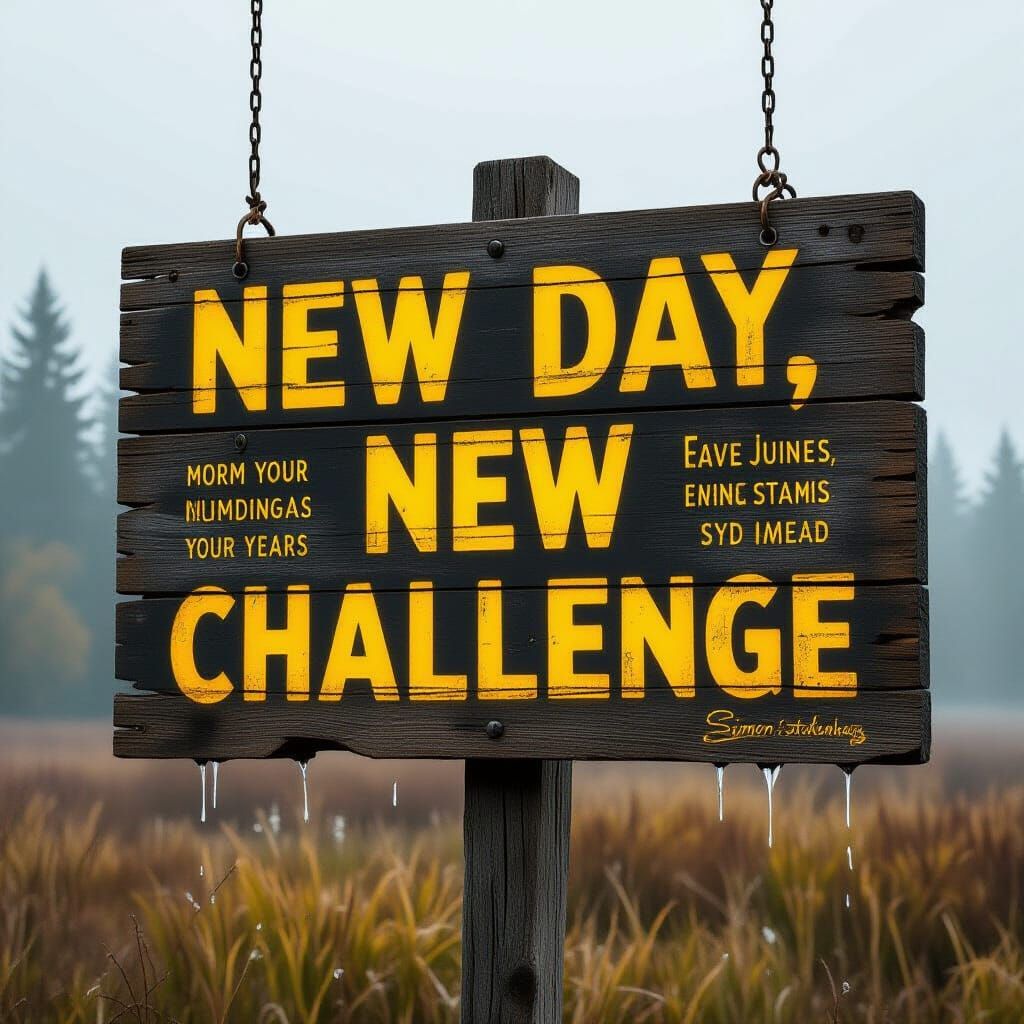 Rustic Sign Reads 'New Day, New Challenge'