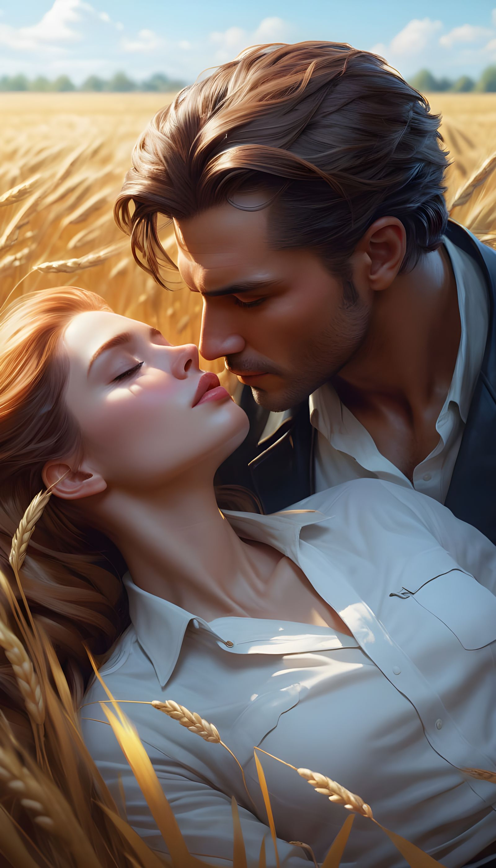 Romantic Embrace in Barley Field: Hyperdetailed Portrait