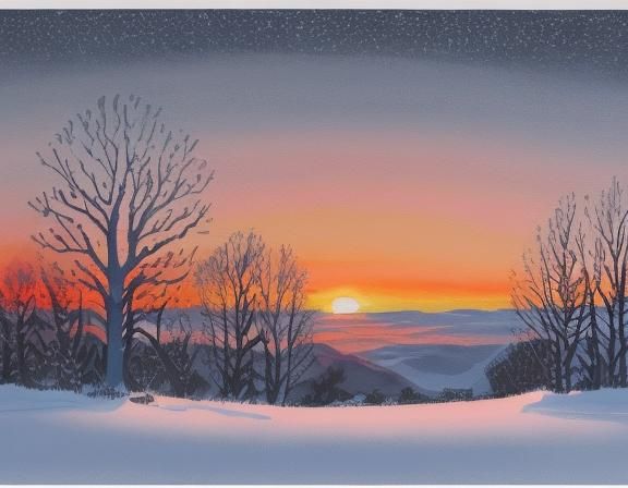 Winter Sunset Impression: Detailed Gouache Painting
