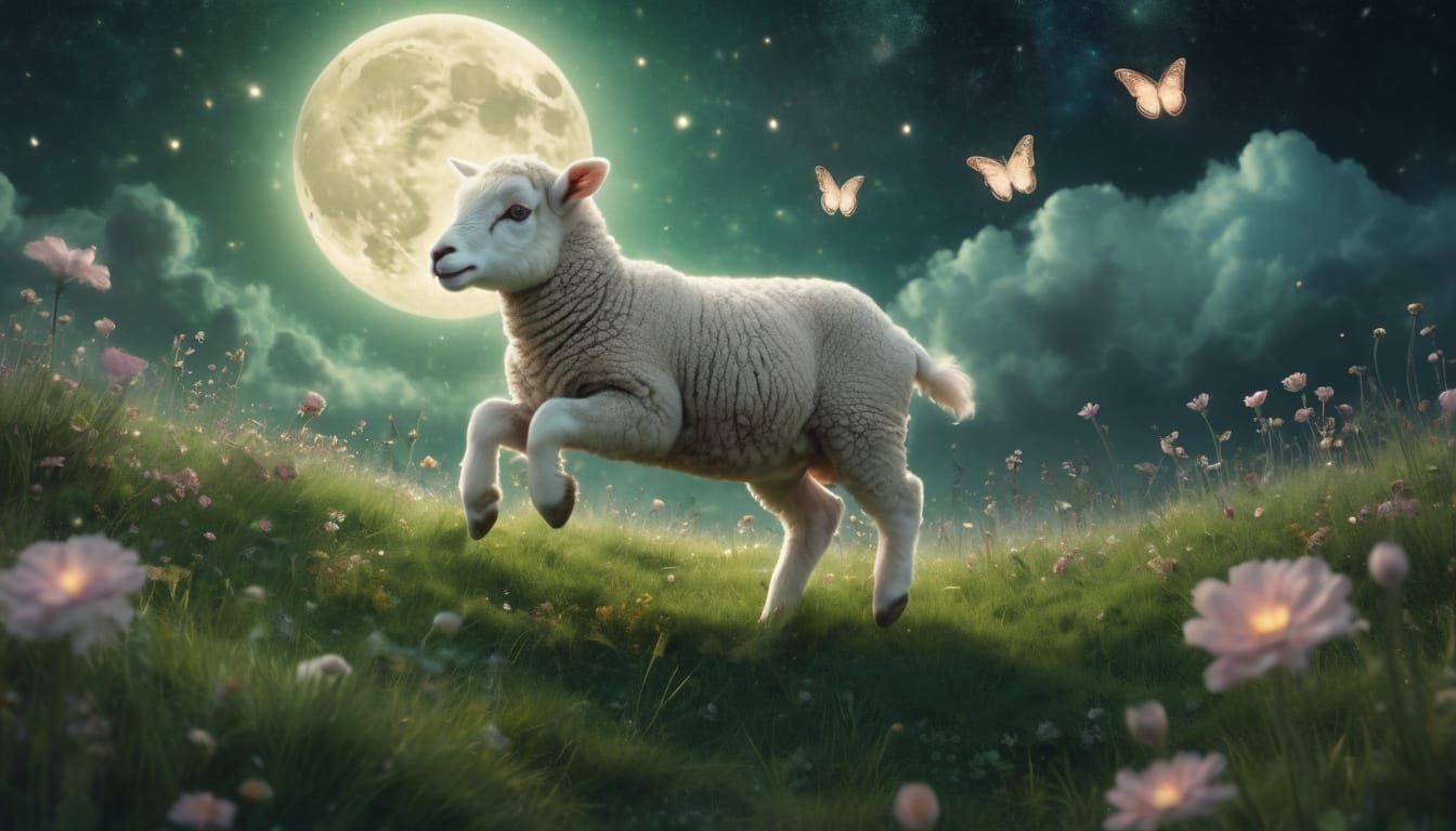 Lamb Jumps Over Moon in Surrealist Fantasy Art