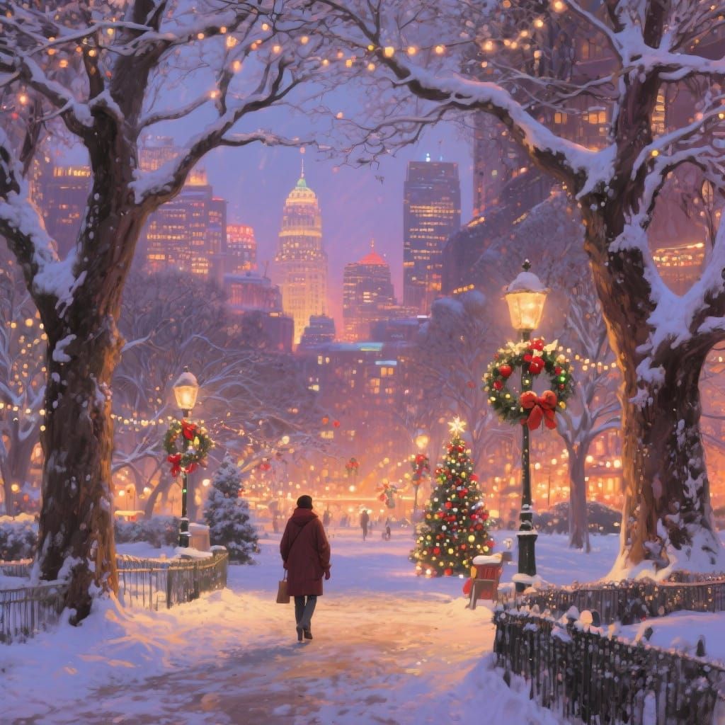 Cozy Snowy Park Illuminated by Holiday Lights