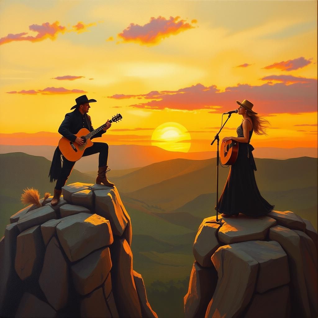 Cowboy and Cowgirl 'Sundowners' Oil Painting