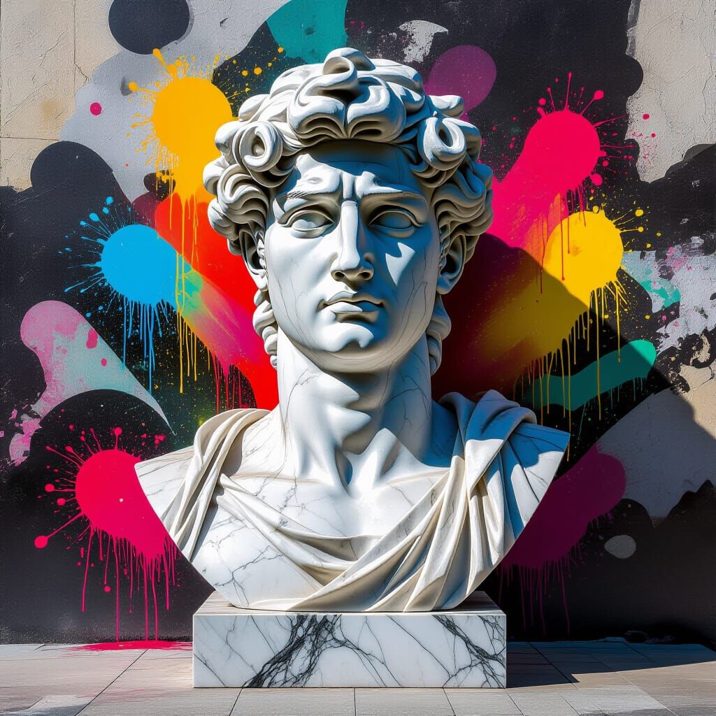 Modern Marble Statue with Vibrant Graffiti Art