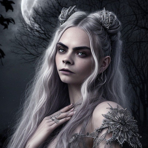 Ethereal Gothic Goddess with Wavy Silver Hair and Lavender A...