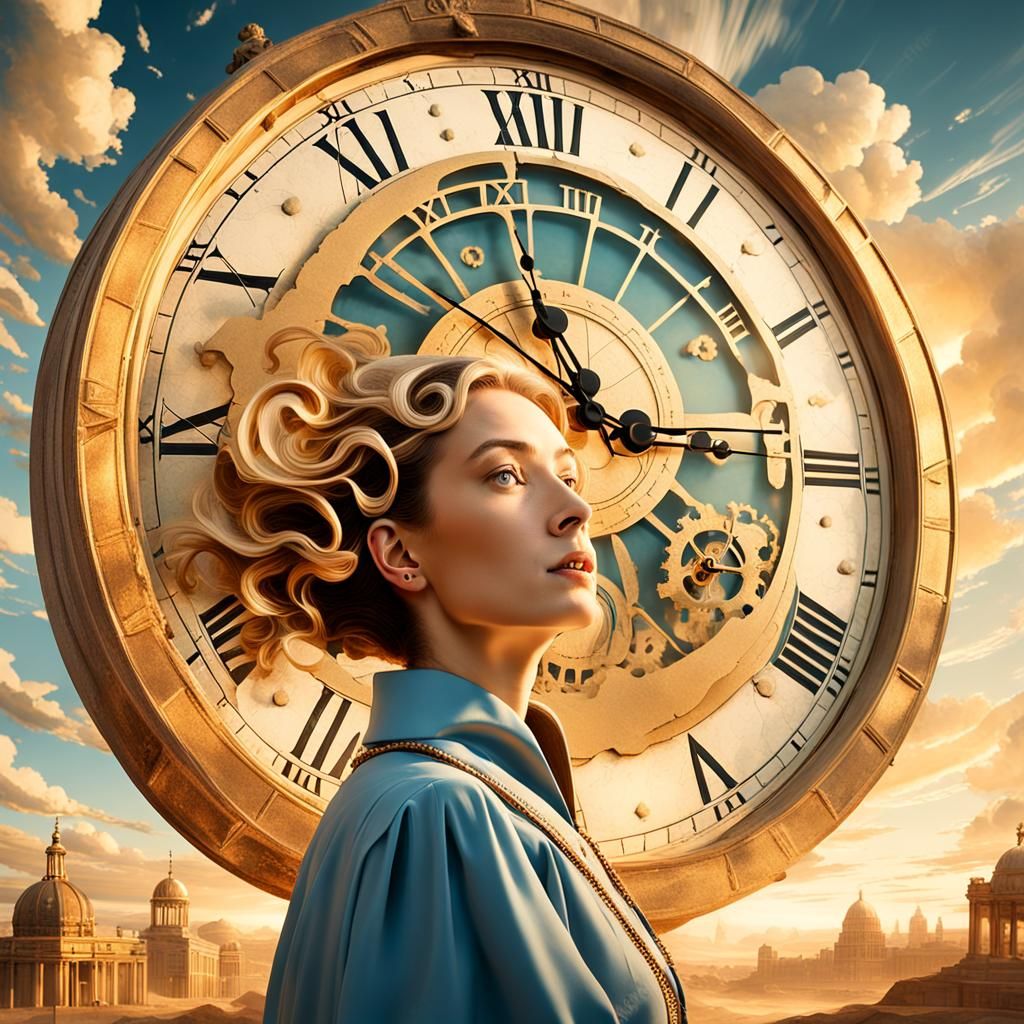 Woman's Serene Face in Front of an Ancient Clock, in the Sty...