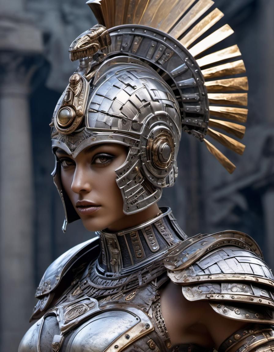 Biopunk Roman Gladiator Girl in Corinthian Helmet