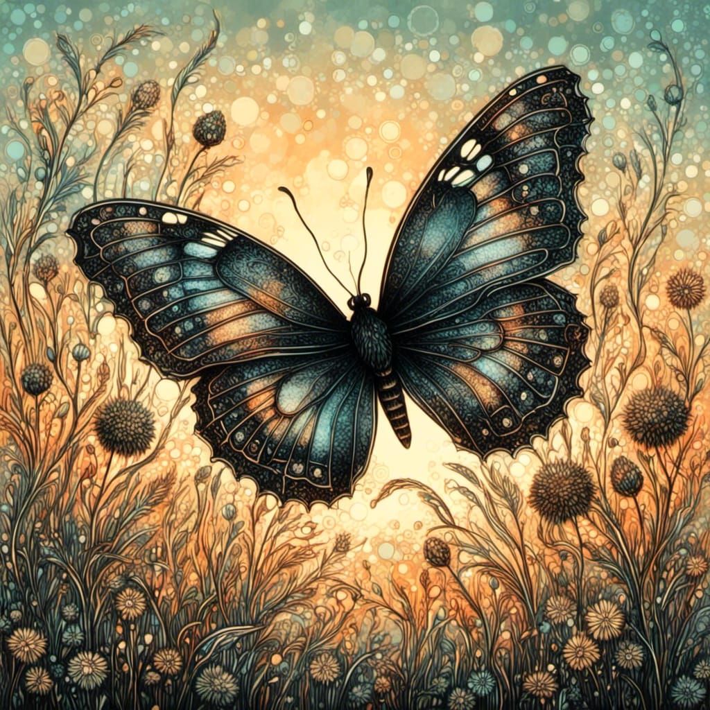 Battered Butterfly Contrasted Against Dawn Meadow