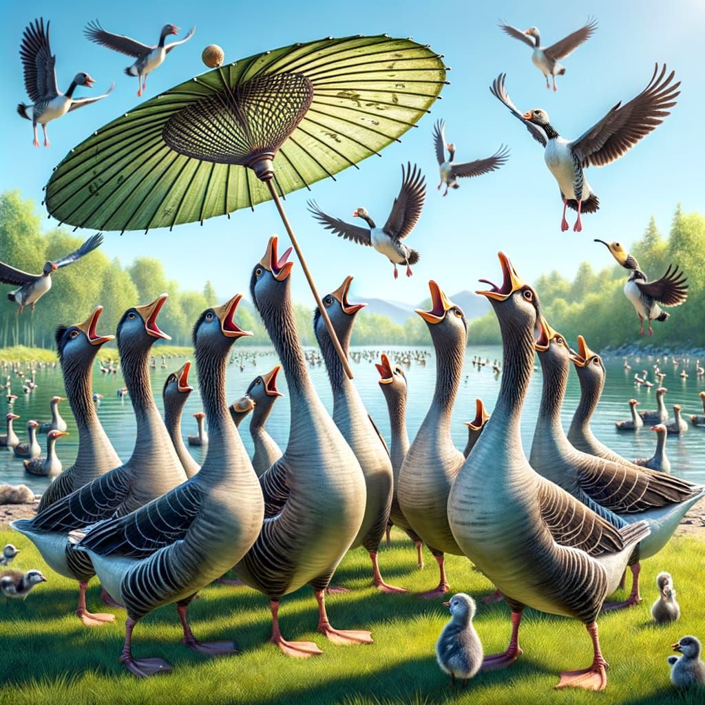 Geese Impersonating Umbrellabirds in Lively Scene